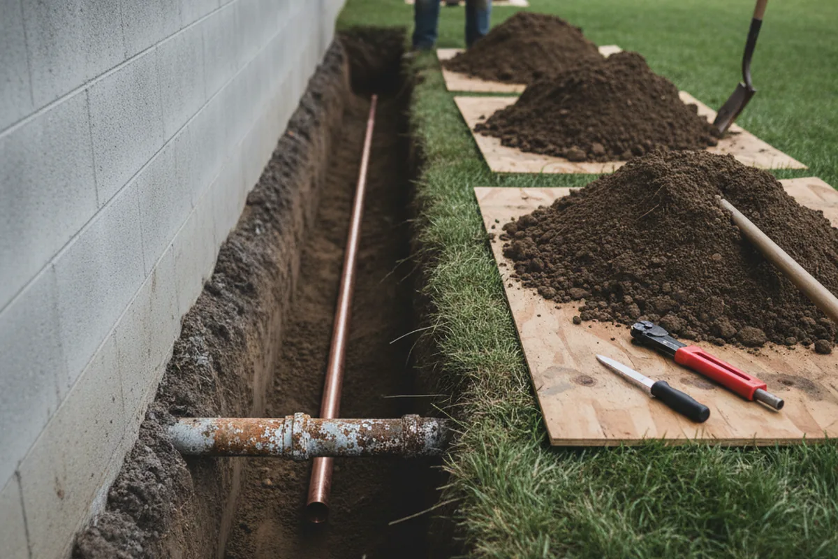 Excavated water line trench during Sewer Line Repair in New Bloomington